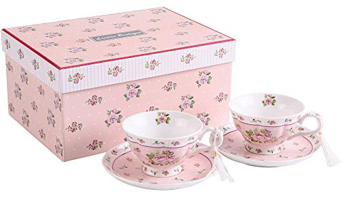 Coffee Tea Cups and Saucers Set of 2 Vintage Flora Rose Lavender Porcelain Gift Box (Rose Pink 2pc Set)