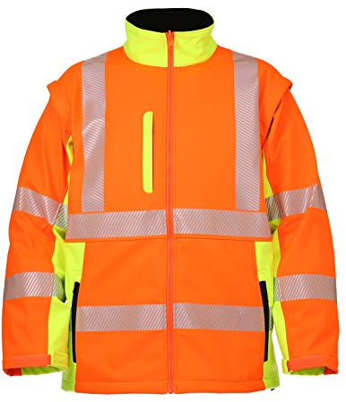 LeiKaTex Warnschutz-Softshelljacke mit Stehkragen und abnehmbaren Ärmeln (XL, Orange/Neongelb) Funktionsmaterial, Taschen, Reflexstreifen, Kinnschutz, Winter Arbeitsjacke Warnschutzjacke EN 20471