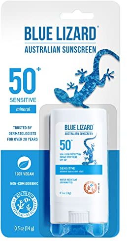 BLUE LIZARD Sensitive Mineral Sunscreen Stick - No Chemical Actives - SPF 50+, 0.5 Ounce