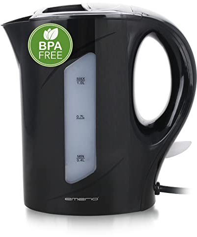 Emerio Wasserkocher, 1.0 Liter, 900 Watt, Wasserstandsanzeige, BPA-frei, Trockengehsschutz, beleuchteter Ein-/Aus-Schalter, ideal für Zuhause, Camping oder Büro, WK-121616.1, Schwarz