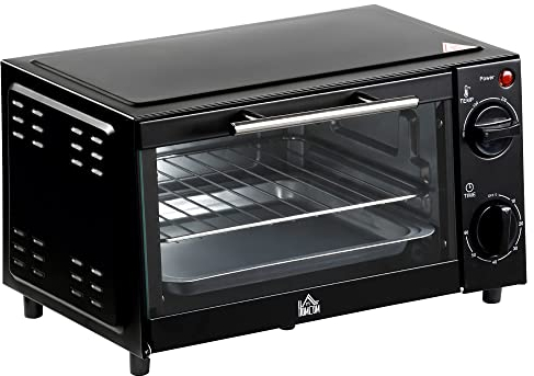 HOMCOM Mini Oven, 9L Countertop Electric Grill, Toaster Oven with Adjustable Temperature, Timer, Dishwasher Safe Baking Tray and Wire Rack, 750W, Black