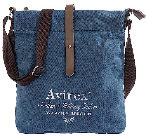Avirex Borsa a Tracolla in Canvas e Pelle Bovina, Messenger Piatta, in Stile Militare, Collezione 140506 CNV0F (Blue)