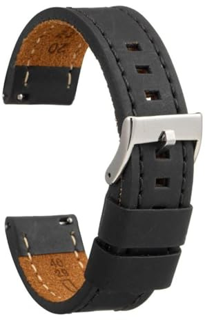 diloy Vintage Uhrenarmband gewachstes Leder mit weißer Naht – Handgefertigt für Sport- oder klassische Uhren – Größen 18mm 20mm 22mm 24mm 26mm – Braun oder Schwarz 384 Schwarz 18mm