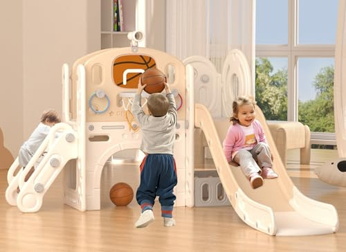 XJD 8 in 1 Toddler Slide Set, Kids Slide for Toddlers Age 1+, Climber Slide PlaySet with Basketball Hoop and Ball,Outdoor Indoor Playground for Toddlers 1-3 (Beige Coffee, 8 in 1)
