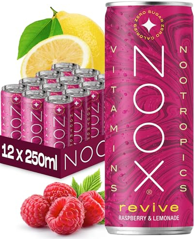 NOOX Revive Nootropic Drink – Raspberry & Lemonade – Sugar Free Energy Drink with Natural Caffeine, Ginseng & L-Tyrosine – Zero Calories – 250ml x 12 Cans