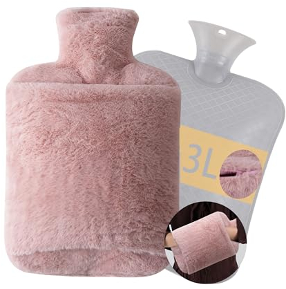 3L Wärmflasche Mit Bezug Kängurutasche,XXL Auslaufsicher Wärmflaschen Mit Reißverschluss und Fächern,Flauschige Plüsch Rosa für Kinder und Erwachsene Frauen Geschenk, Schmerzlinderung (PINK)