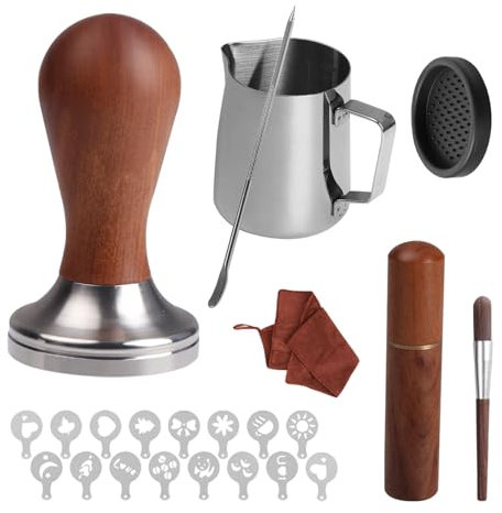 Yallmie 23 Stück Kaffee Tamper Set 51mm, Espresso Tamper Set 304 Edelstahl Barista Set mit 250ml Aufschäumkrug, Kaffeemehlpresser, Latte Art Stift, Tamper Matte, Bürste und 16 Kaffee Schablonen