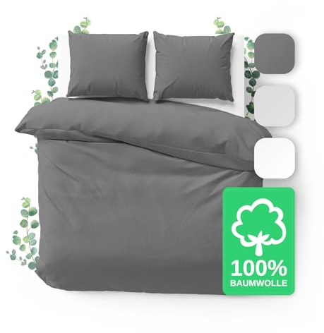 JACOBSON Bettwäsche 200x220 Set - 100% Baumwolle Bettbezug 200x220 cm + 2 Kissenbezüge 80x80 cm, Perkal Bettwäsche 3-teilig mit Reißverschluss (200x220cm, Anthrazit, 3-teilig)