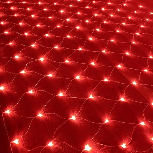 DINOWIN Guirnaldas Neta Luz Batería 1.5x1.5M 96LED Luces de Red 8 modos Luces de Cadena Impermeable Luces de Arbol de Navidad para Halloween, Jardín, Bodas (Rojo)
