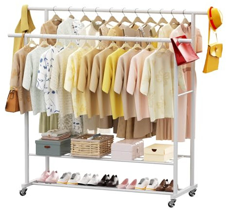 LOEFME Kleiderständer mit Rollen, Leicht zu Bewegender Kleiderstange, Stark Belastbarer Kleiderständer Stabil, 115 x 40 x 145 cm, Einfach zu Montieren,Weiß