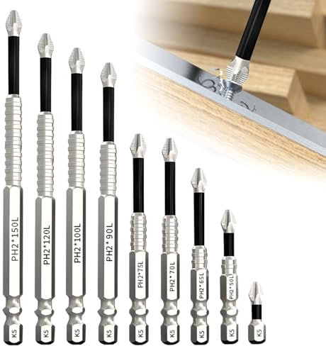 9Pcs Juego de puntas de destornillador magnéticas, resistente al impacto, antideslizante Phillips Bits para taladro eléctrico (25 50 65 70 75 90 100 120 150 mm)