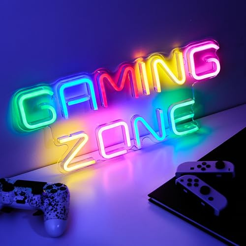 NELUX Luci Neon LED Gaming Zone Lampada Neon Parete Gamer, Insegna Luminosa LED Camera Decorazioni Gaming Room Muro, Scritta Neon, Luce Insigne Luminose. Connettore USB con Dimmer