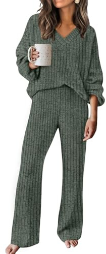RUMIA Lounge Sets for Women 2025 Loose Sweater Matching Sets 2 Piece Travel Sets Green L
