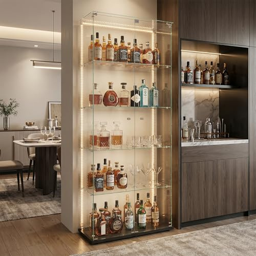 Zorvani vitrina de exhibición de vidrio con LED, vitrina de pie de vidrio con 4 capas de vidrio, vitrina, 2 puertas y gabinete con cerradura, vitrina de vidrio para sala de estar, oficina, colección