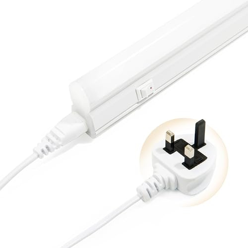 T5 LED Under Cabinet Light 1P, 2ft LED Strip Light with UK Plug & Switch | 9W 1035lm 4000K Shelf Lighting for Cupboard Wardrobe Cabinet, Male/Female Connectors (Reverse if Mismatch)