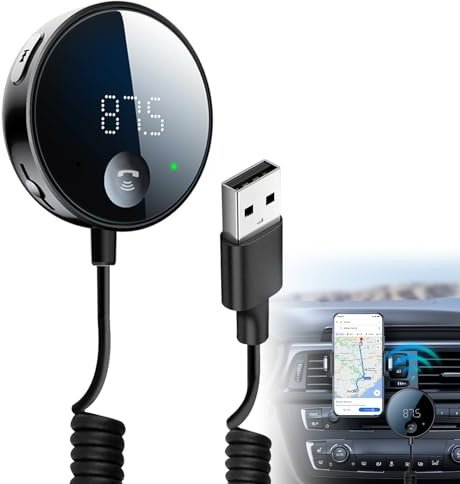 Bluetooth 5.0 FM Transmitter Empfänger Auto mit LED Display, Adapter Auto Unterstützung Freisprechanlage, 3,5mm Ausgang, Aux & TF Karte Musik Wiedergabe