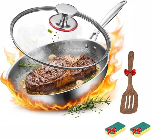 Wttagkl titan pfanne mit Spatel, Antihaft Gehämmerter Wok Titanpfanne-Nutrition zum Kochen, Premium Uncoated Titanium Bratpfanne, Verdickt, ultra-haltbar, Für die Küche Kochen,Inklusive Deckel-28CM
