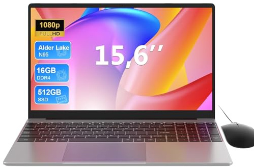 Ordinateur portable 15,6 pouces 16 Go DDR4 512 Go SSD, Alder Lake N95(jusqu'à 3,4 GHz) Win11 portable, FHD Écran, Wi-Fi, BT5.0/USB/Type C/HDMI, Extension de 180°, Clavier Rétroéclairé, Souris Incluse