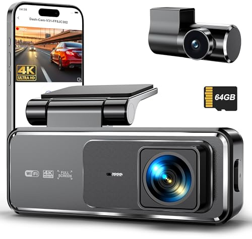 Dash Cam Auto Anteriore Posteriore 4K+1080P, Videocamera da Cruscotto 3.19 Pollici IPS, Scheda SD 64GB, G-Sensor 170° Grandangolo, WiFi, Visione Notturna, Parcheggio 24H, Registrazione a Loop