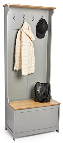 VonHaus Coat Stand with Shoe Storage - Grey Hallway Unit with 7 Double Hooks & Storage Bench - Hall Tree Organiser for Entryway with Wood Effect Seat - Freestanding Coat Rack - Ash Hall
