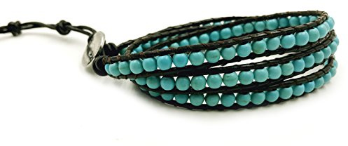 BLUEYES COLLECTION 3 Wrap Leather Bracelet -Open Minded- Charming Turquoise Gemstone 4mm Bead