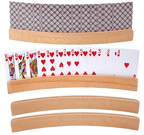 Tebery 4 Pack Wooden Playing Card Holder, Stable Game Card Trays Rack for Elderly, Hand Free Playing Cards Display Organizer for Family Game Night, 13 Inch