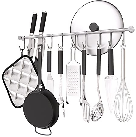 OKEPOO Kitchen Hanging Rack, 20 Inch Wall-Mounted Pot Holder with 10 Quiet Sliding Hooks, Rail Organizer Utensil Holder Bar for Cooking Spatulas Cups, Made of 304 Stainless Steel. (Silver)