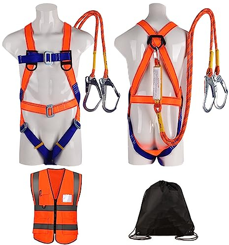 WEIKAXIMU Ensemble de Sécurité Antichute 5 Points: Harnais d'Arrêt de Chute, 2 Crochets, Corde de Sécurité de 2m, avec Dispositif de Capture + Bonus : Gilet Réfléchissant et Sac à Dos