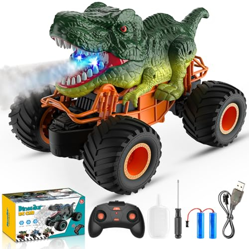HappyGoLucky Dinosaur Remote Control Cars, 1:16 Scale Monster Truck Toy with Spray Roar LED Lights, 2.4GHz Rc Car Boys Toys Age 3-8, Kids Toy Gifts for 3-8 Year Old Boy Easter Gifts for Kids