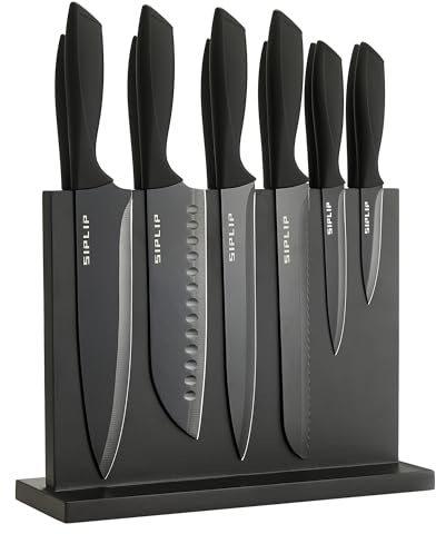 SipLip Kitchen knife set with Magnetic knife holder, 15 pieces high carbon stainless steel sharp kitchen knife set including chef's knife, bread knife, serrated steak knife set