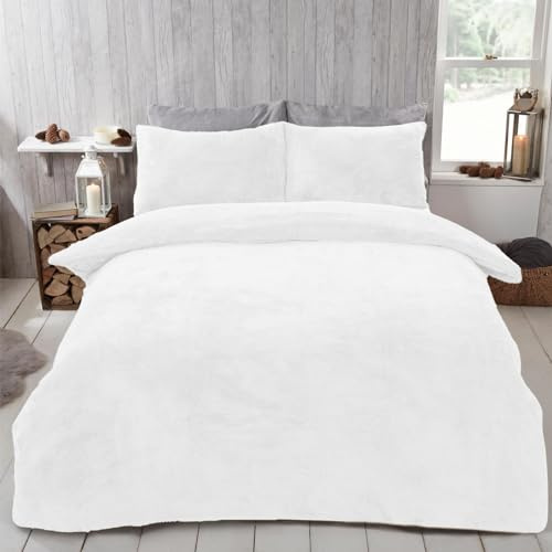 Brentfords White Bedding Teddy Fleece Duvet Set, Super Soft Warm Thermal Super King Duvet Set Luxury Quilt Cover Comfy Cosy Teddy Bear Bedding with Pillowcases