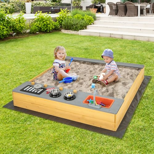 GYMAX Sabbiera in Legno per Bambini con Fodera Inferiore, Set Sabbiera da Gioco 3 in 1 per Bambini, Sedile a Panca, Sabbiera per Bambini da Esterno, per Bambini dai 3 ai 8 Anni, 135x125x20 cm