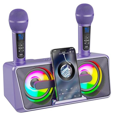 Machine de karaoké pour adultes et enfants avec 2 microphones sans fil UHF,haut-parleurs Bluetooth portables, système de sonorisation avec lumières discothèques,Support Bluetooth, AUX,USB/TF (Pourpre)