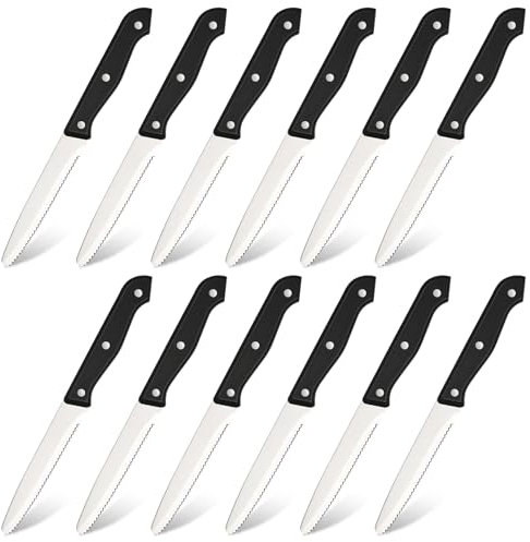 KATISUN 12-Piece Steak Knife Set – 4.5-Inch Serrated Stainless Steel Knives, Black Classic Table Knives for Family Gifts