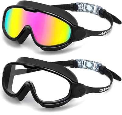 Freela 2 Pack Swimming Goggles for Adult Men Women Youth, 180° Wide View Anti Fog UV Protection Soft Silicone Waterproof No Leak Clear Swim Goggles, Underwater Beach Open Water Pool Goggles Pink