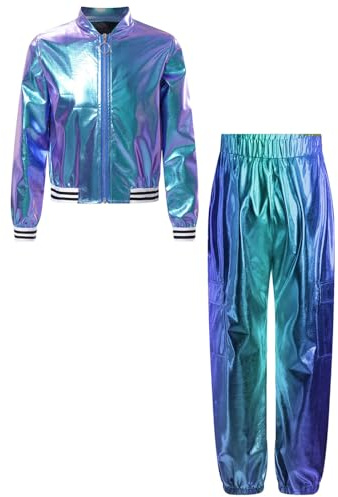 CHICTRY Costume Brillant Disco Danse Jazz Hip-Hop pour Enfants Filles Garcons Métallique Veste Baseball Bomber & Pantalon Cargo Streetwear
