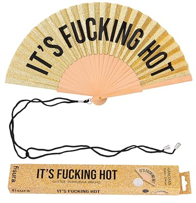 Fisura – Éventail en Bois Original avec Message “f*cking Hot”. Accessoire Moderne et Scintillant, Ventilateur de Poche doré à Paillettes avec Attache Incluse. Dimensions : 42,5 x 23 cm