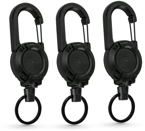 JEFURE 3er-Pack Einziehbarer Schlüsselanhänger mit 63cm Stahlseil, Strapazierfähiger Schlüsselanhänger Ausziehbar, Ausweishalter Ausziehbar, Schlüsselband Ausziehbar, für Beruf und Outdoor (Schwarz)