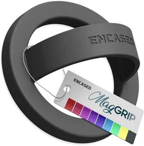 Encased Magnetic Phone Grip Holder Thin Silicone Finger Loop Ring, Compatible with Magsafe (Black)