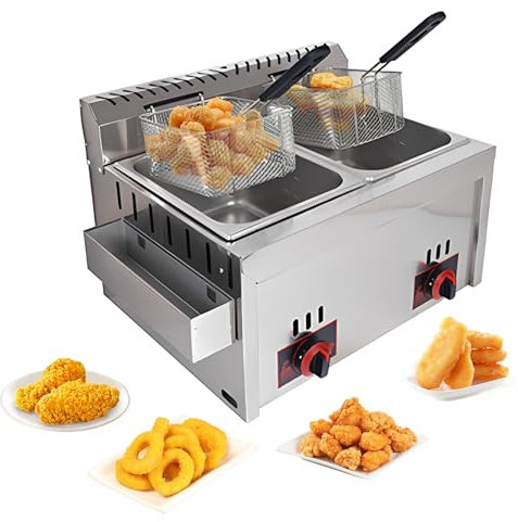 Gasfritteuse Doppelzylinder 10L + 10L Kommerzielle Fritteuse mit Gewürztrog und Edelstahlkörben, Abdeckung für Pommes, Donuts, Fisch