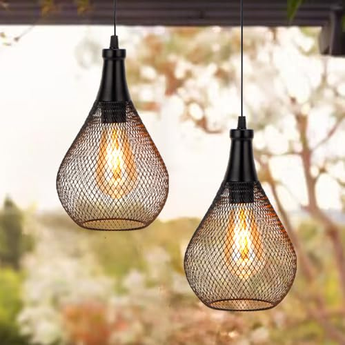 JHY DESIGN Hanging Lamp Set of 2 Battery Operated Cordless Lamps Metal Cage Pendant Light with 6 Hours Timer Great for Parties Patio Events for Indoors Outdoors (Teardrop Shape)