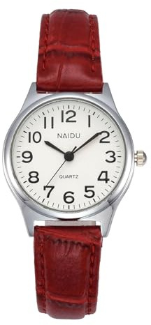 JSDDE Women Classic Arabic Numerals Analogue Quartz Watch Leather Strap Elegant Wrist Watch Red