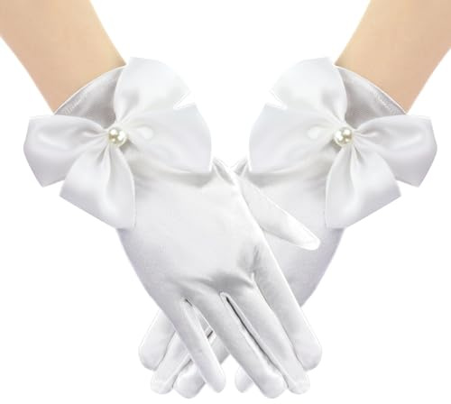 Feelorna Gants courts en satin pour femme - Gants d'opéra élégants avec nœud et perle - Gants de mariée élastiques - Pour soirée, mariage, costume et thé, Blanc., taille unique