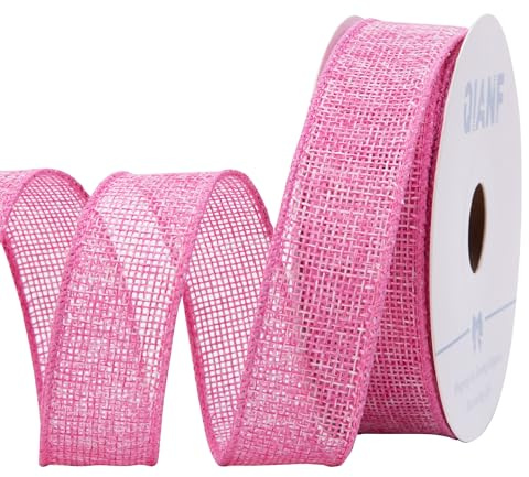 QIANF Burlap Wired Ribbon 1 Inch 10 Yards Pink Ribbon for Gift Wrapping, Bow Making, Wreath, Christmas Tree, Rustic Christmas Decorations, Home Wedding Decor (Pink)