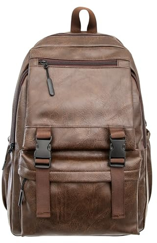 Fuaihui Black Leather Rucksack Men, PU Leather Laptop Backpack for Men, Water-Resistant 15.6 Inch Large Capacity Gothic Business School Travel Rucksack (brown)