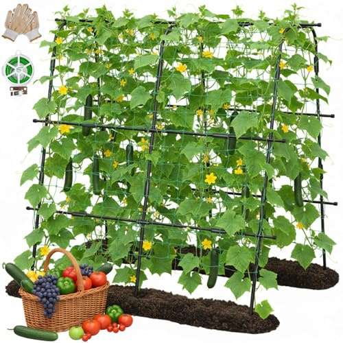 160x160cm U-förmiges Gurkenspalier Rankhilfe für Kletterpflanzen, Stabiles 1,5cm Metall Rankgerüst Set mit Netz, Wetterfestes Gurkengitter für Garten, Hochbeet, ideal für Gurken, Erbsen, Wein & Bohnen