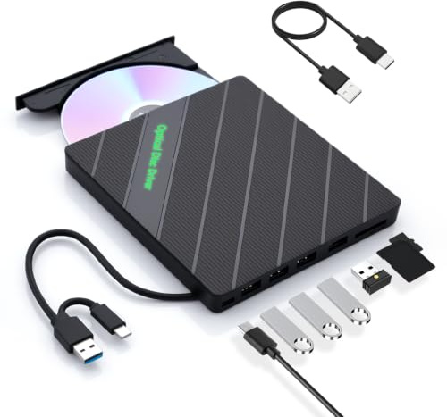 ELUTENG Unidad externa de DVD CD USB 3.0 y tipo C, grabadora y reproductor multifunción 7 en 1, CD/DVD +/-RW Regrabadora con cable USB-C de 0,6 m para ordenador portátil, PC, MacBook, Windows 11/10/8