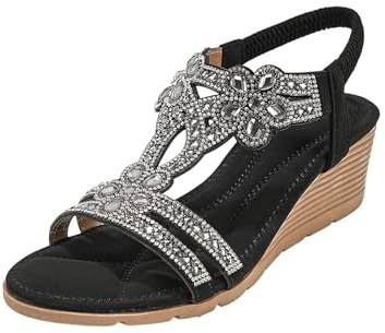 Sandali da donna con zeppa bassa con strass scintillanti cut-out scarpe estive elastico cinturino alla caviglia comode scarpe da sera vacanze