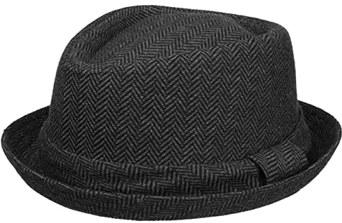 Lipodo Diamond Crown Herringbone Wollhut Pork Pie Fedora mit Innenfutter Stoffhut Damen Herren Sommer Winter schwarz-grau M (56-57 cm)