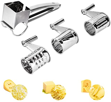 Moulin à Râpe Fromage, Moulin à Fromage, Moulin à Râpe Fromage à Main, Râpe à Fromage Manuelle avec 3 Tambours Inox Déchiqueteuse Rotatif de Tranche de Cuisine